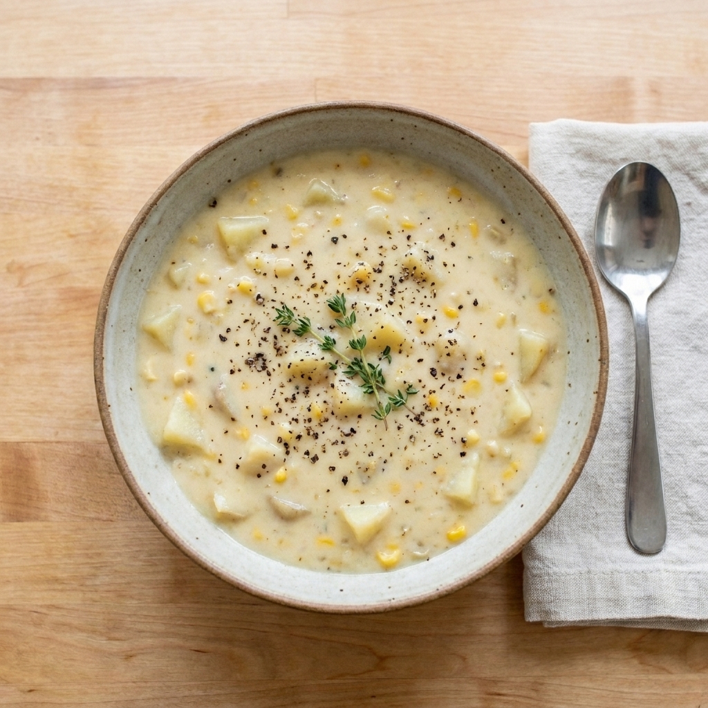 A creamy potato corn chowder served in a wide bowl with cracked black pepper on top, sitting on a wooden table next to a spoon and napkin