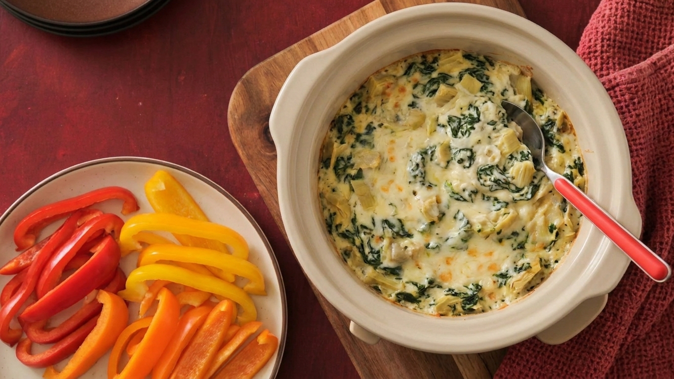 A creamy spinach artichoke dip bubbling in a crockpot with a spoon resting on the edge and sliced bell peppers on the side