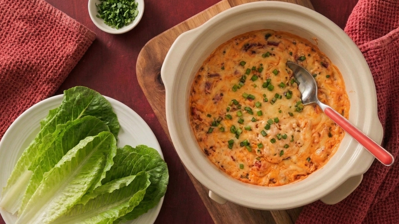 A creamy taco dip in a slow cooker topped with shredded cheese and cilantro, with romaine leaves arranged for dipping