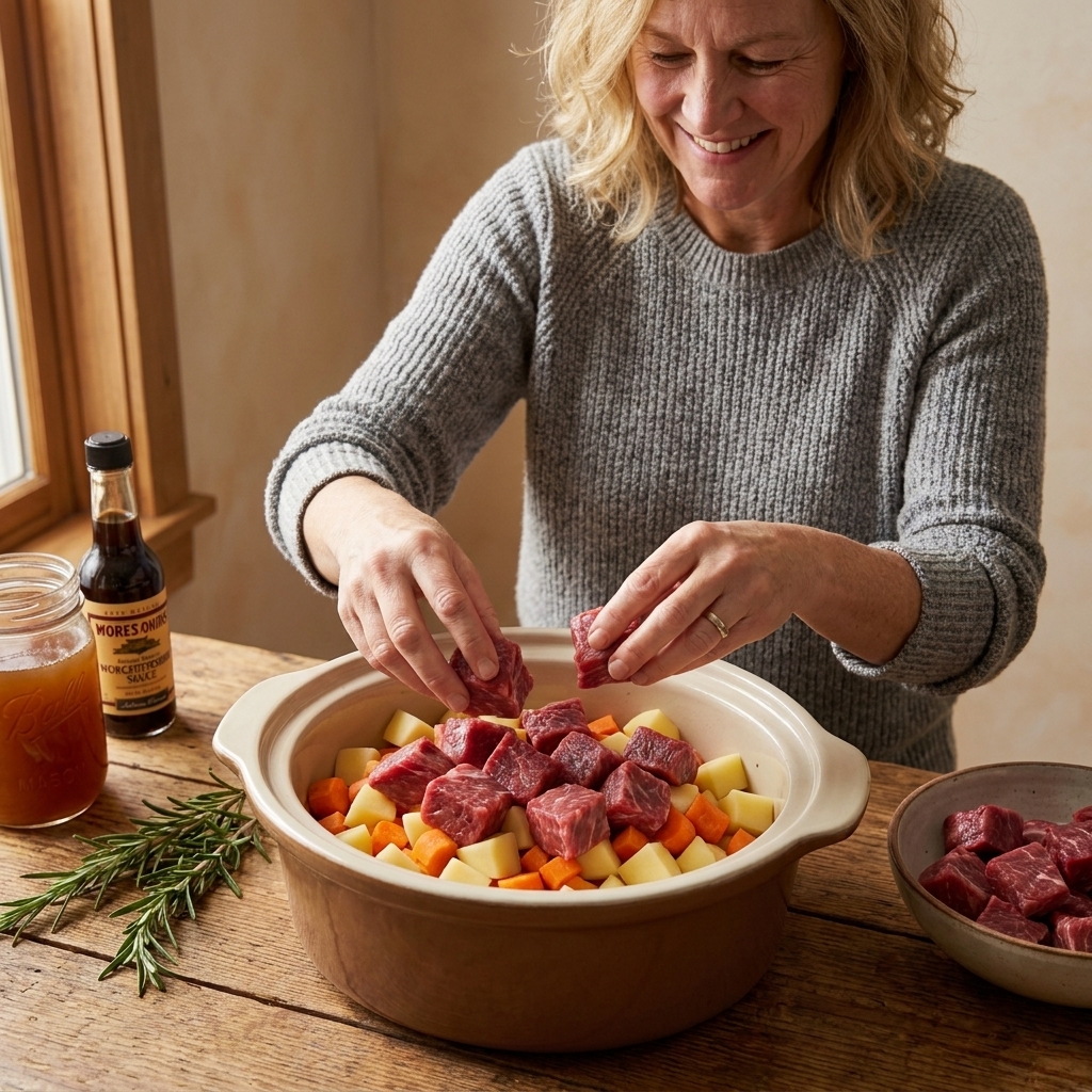 A crockpot insert being filled with potatoes and carrots on the bottom and chunks of raw beef placed on top, mid-prep on a kitchen counter