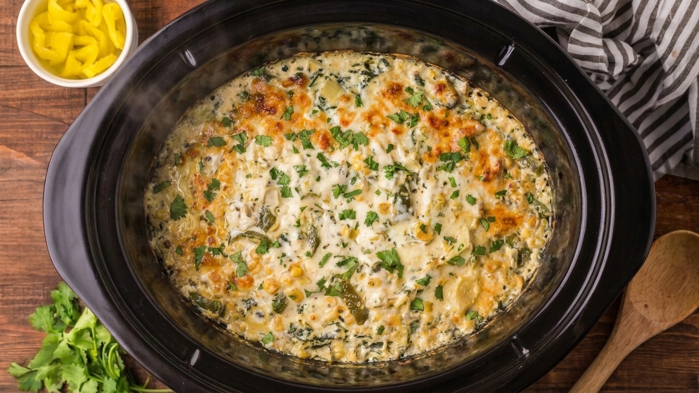 A crockpot of spinach artichoke dip with a bubbly, creamy surface and a serving spoon resting nearby