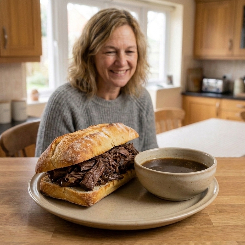 A crusty sandwich roll filled with shredded Italian-style beef, served with a small bowl of au jus on the side for dipping