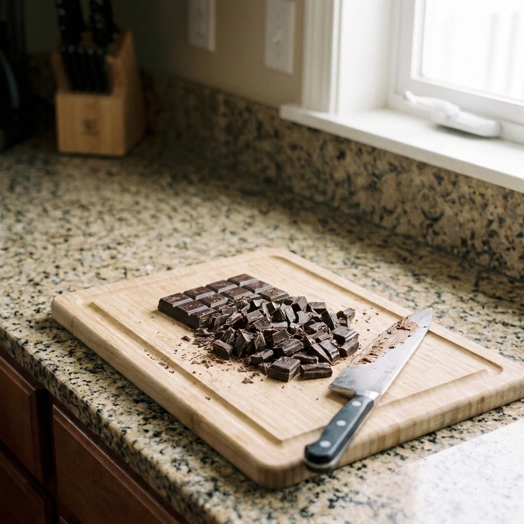 A cutting board with a chopped dark chocolate bar and a chef's knife, ready for melting