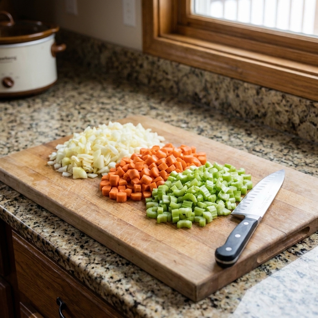 A cutting board with chopped onions, carrots, and celery in neat piles next to a chef's knife