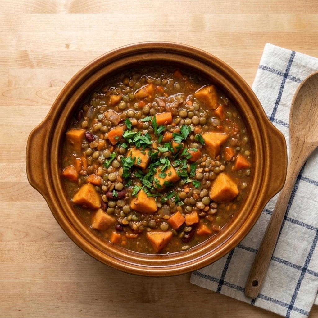 A deep bowl filled with smoky lentil and sweet potato stew, with visible chunks of sweet potato and carrots and a sprinkle of chopped parsley