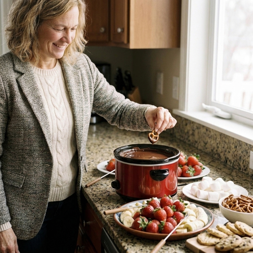 A dessert fondue spread on a table with a slow cooker of melted chocolate and platters of fruit, cookies, and pretzels