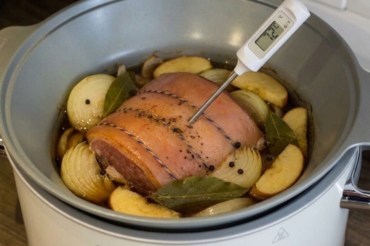 A digital meat thermometer probe inserted into a cooked gammon joint to check the internal temperature