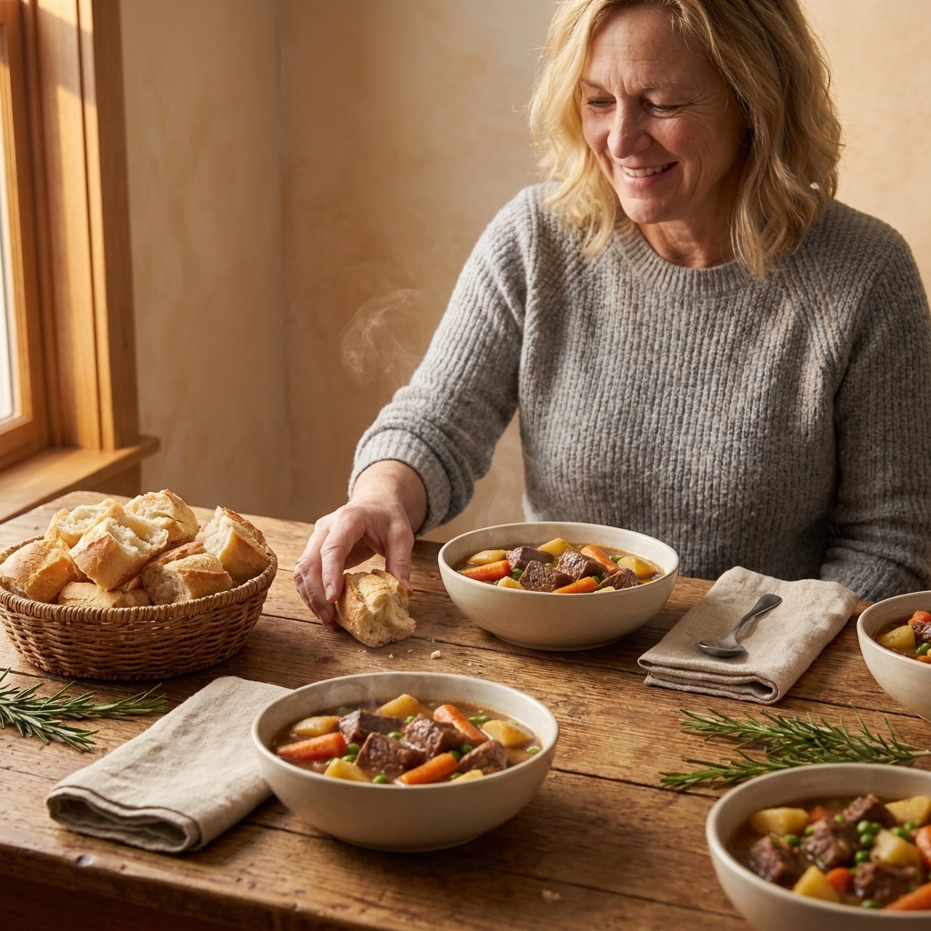A dinner table set with bowls of beef stew, a basket of crusty bread, and simple napkins in warm evening light