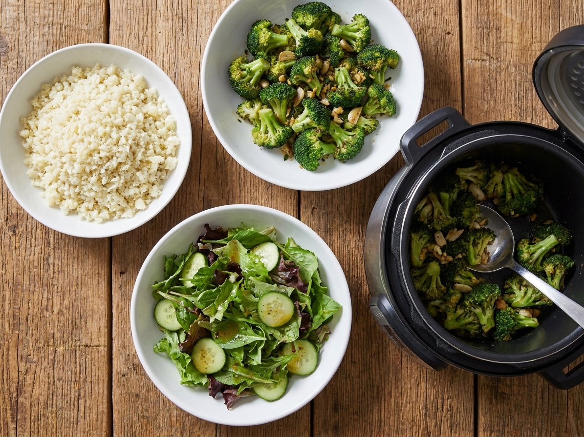 A dinner table set with bowls of cauliflower rice, roasted broccoli, and a simple green salad beside a slow cooker
