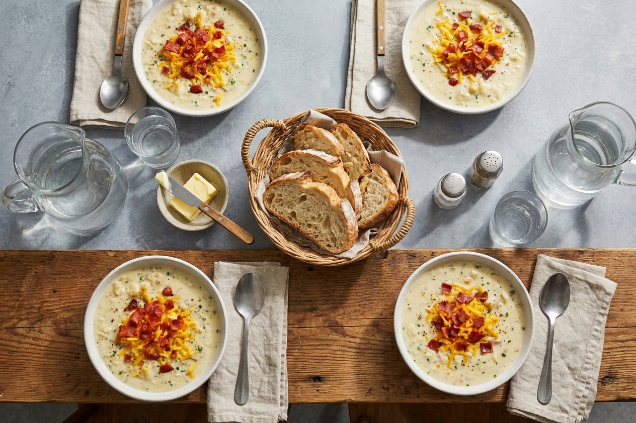 A dinner table set with bowls of creamy soup, spoons, and slices of bread, ready for a family meal