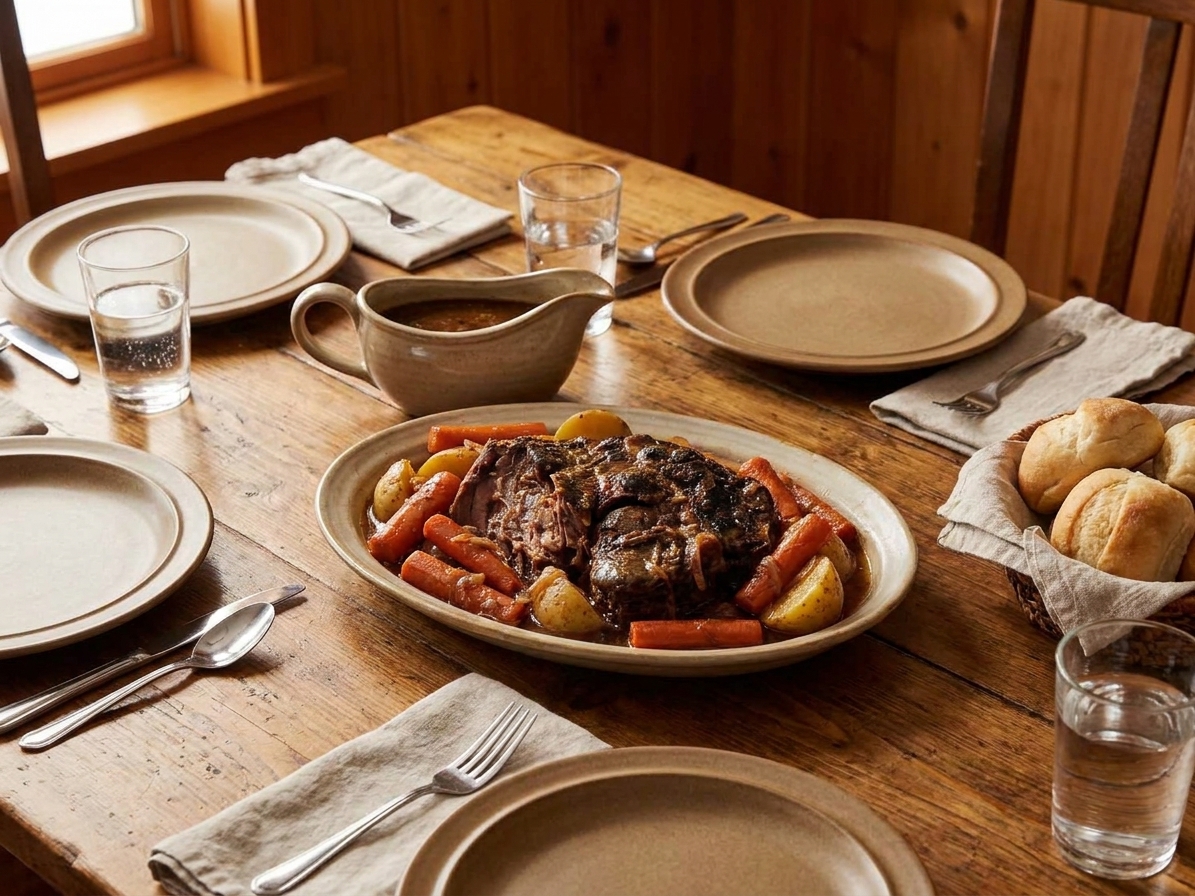 A family-style dinner table with a platter of pot roast, carrots and potatoes, a gravy boat, and simple plates ready to serve