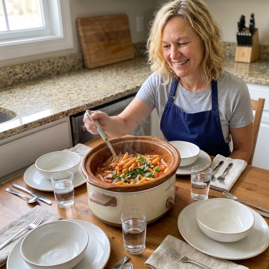 A family-style table setting with a bowl of slow cooker pasta in the center, serving spoon ready and simple weeknight place settings