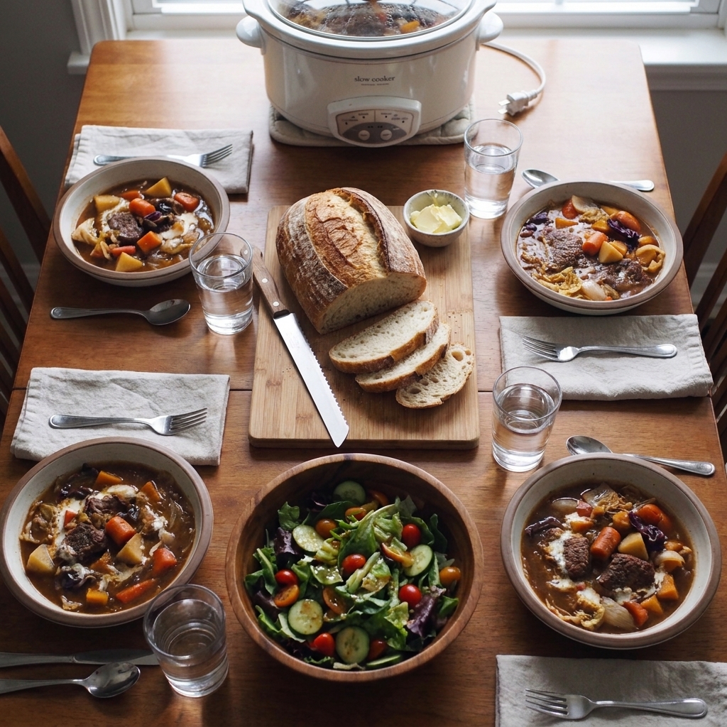 A family-style table setting with bowls of slow cooker stew, crusty bread, and simple salad, ready for a weeknight dinner