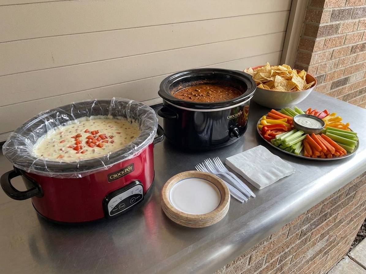 A game day snack table with two slow cookers, bowls of chips and veggie sticks, and small plates ready for guests