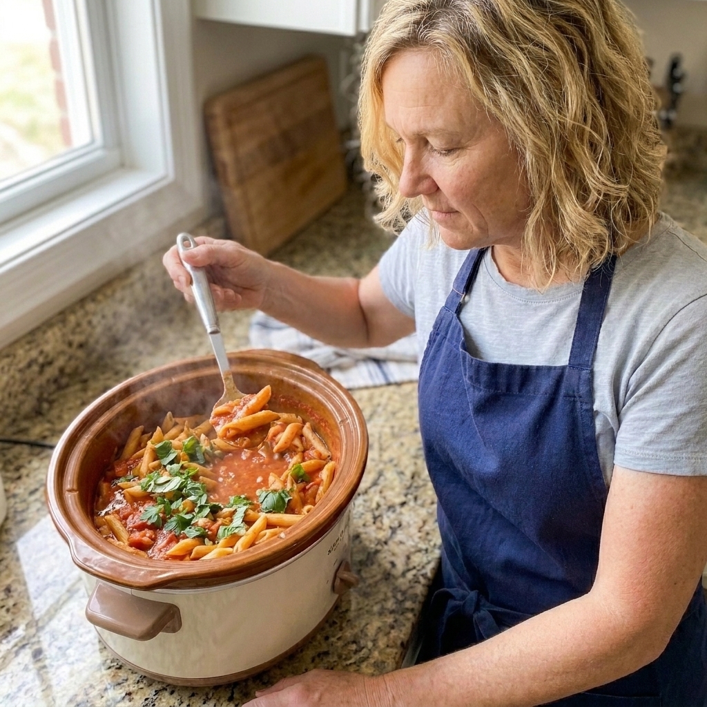 A hand holding a spoon over a slow cooker, lifting a piece of pasta from the sauce to test doneness