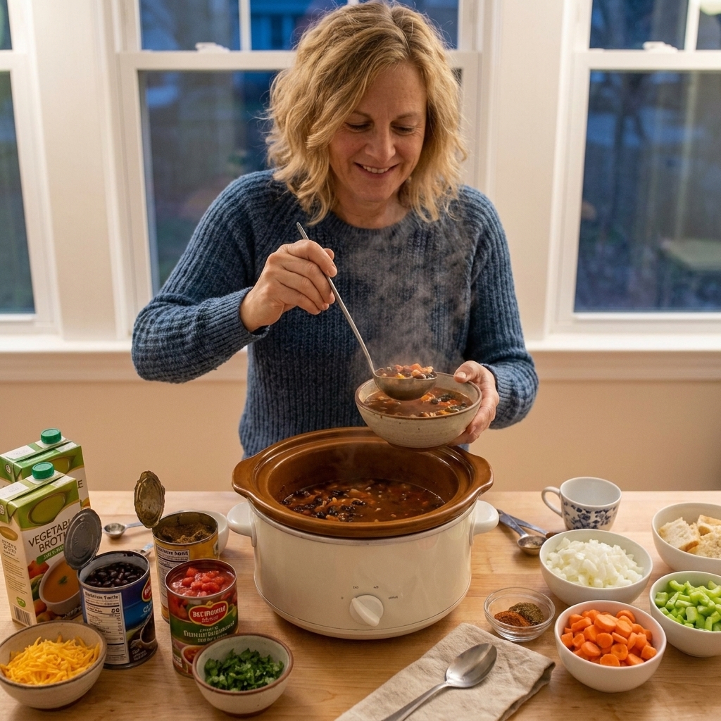 A hand ladling steaming soup from a slow cooker into a bowl on a kitchen counter during dinner time
