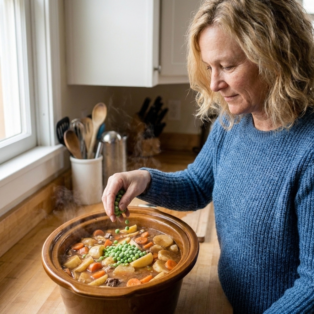 A hand sprinkling frozen peas into a bubbling slow cooker stew near the end of cooking