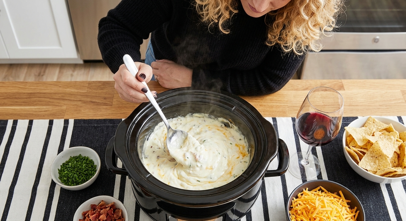A hand stirring a creamy dip in a slow cooker on a kitchen counter during holiday prep