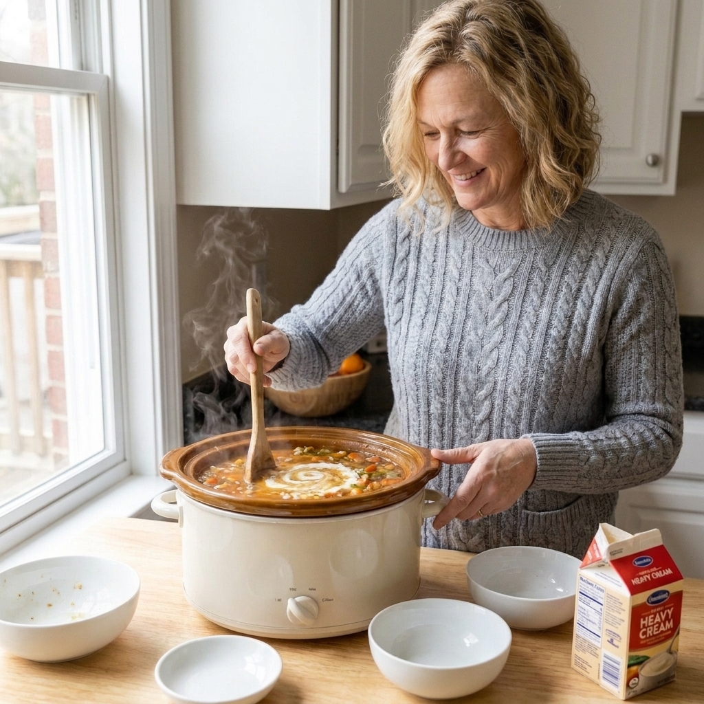 A hand stirring cream into a slow cooker full of soup with a ladle, with gentle steam rising from the pot