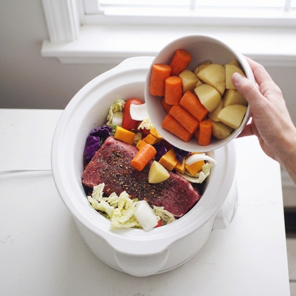 A hand tipping a bowl of chopped carrots and potatoes into a slow cooker insert, mid-action on a bright kitchen counter