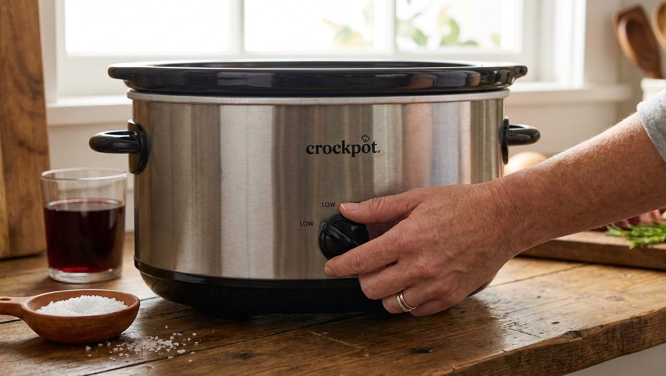 A hand turning the dial on a crockpot to the LOW setting on a kitchen countertop