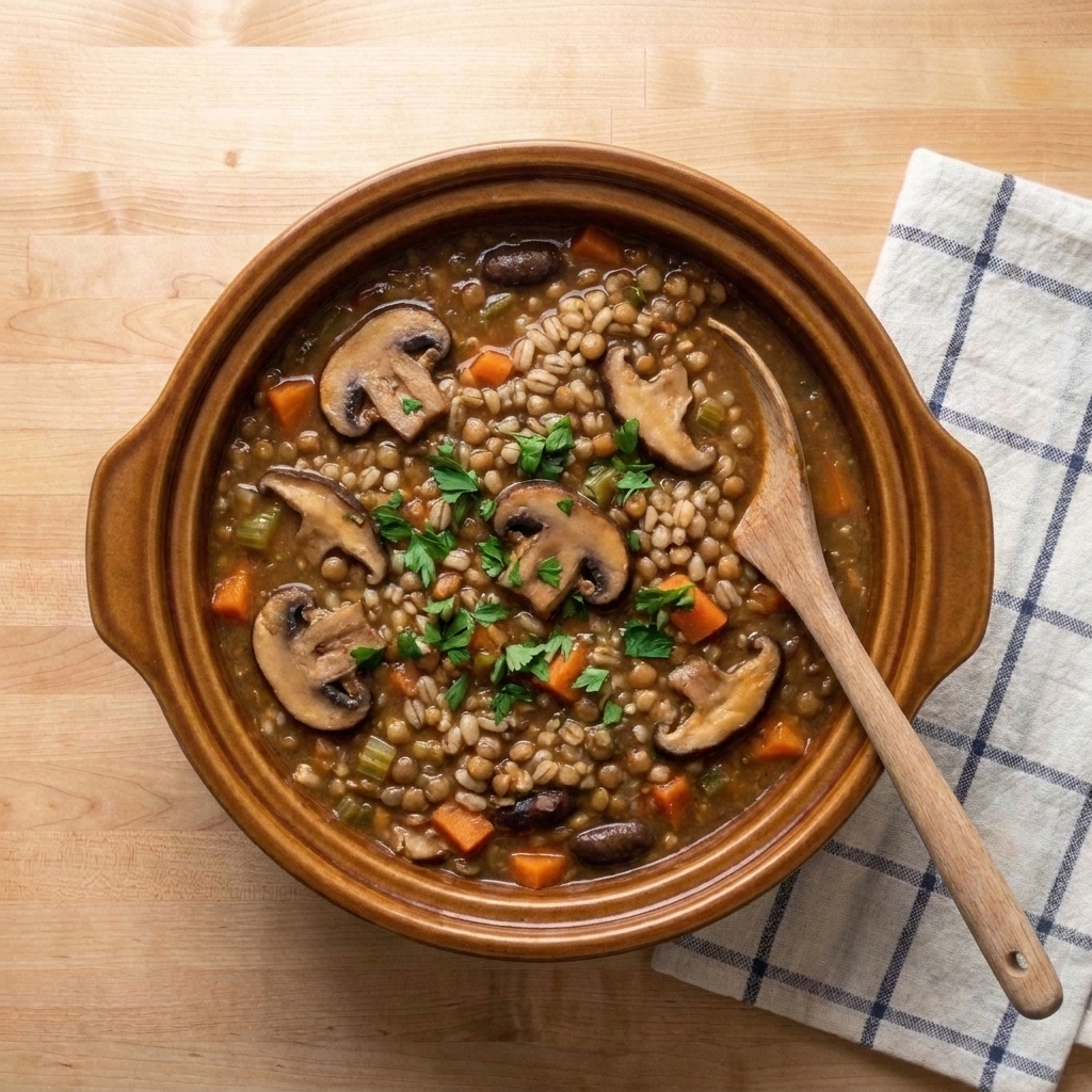 A hearty bowl of mushroom, barley, and lentil stew with visible sliced mushrooms and barley in a rich brown broth