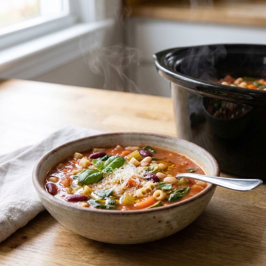 A hearty minestrone soup with beans, pasta, and mixed vegetables in a bowl on a kitchen counter