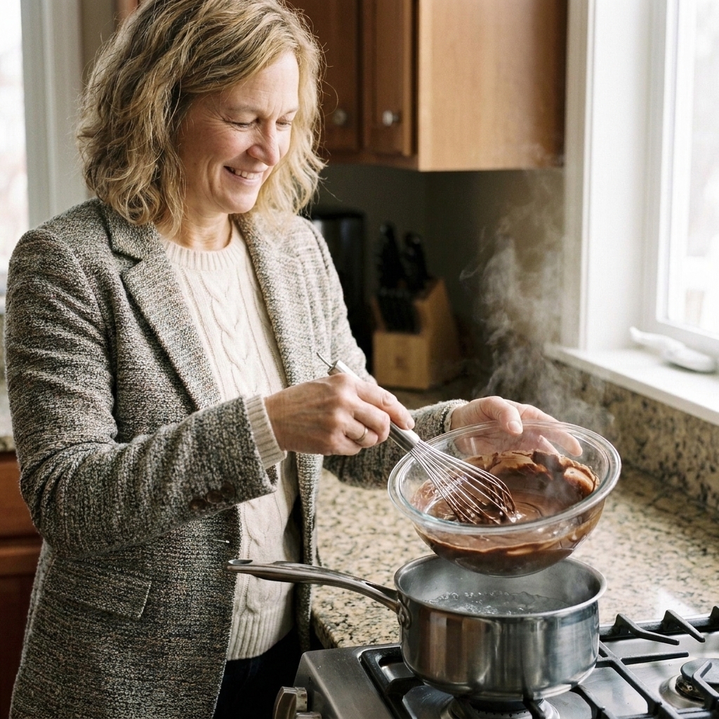 A heatproof bowl set over a saucepan of simmering water with chocolate melting inside, being stirred with a whisk