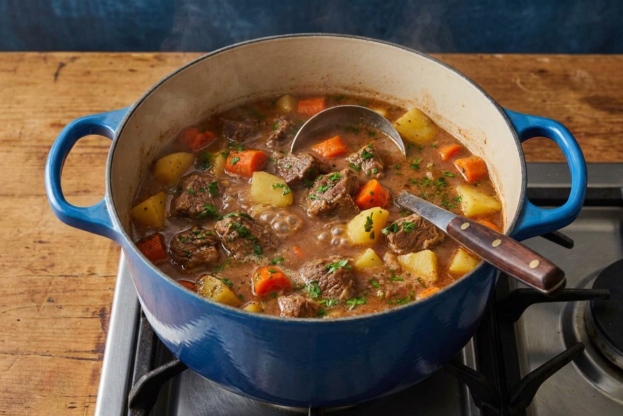 A heavy enameled Dutch oven on a stovetop with a ladle resting inside as a soup gently simmers