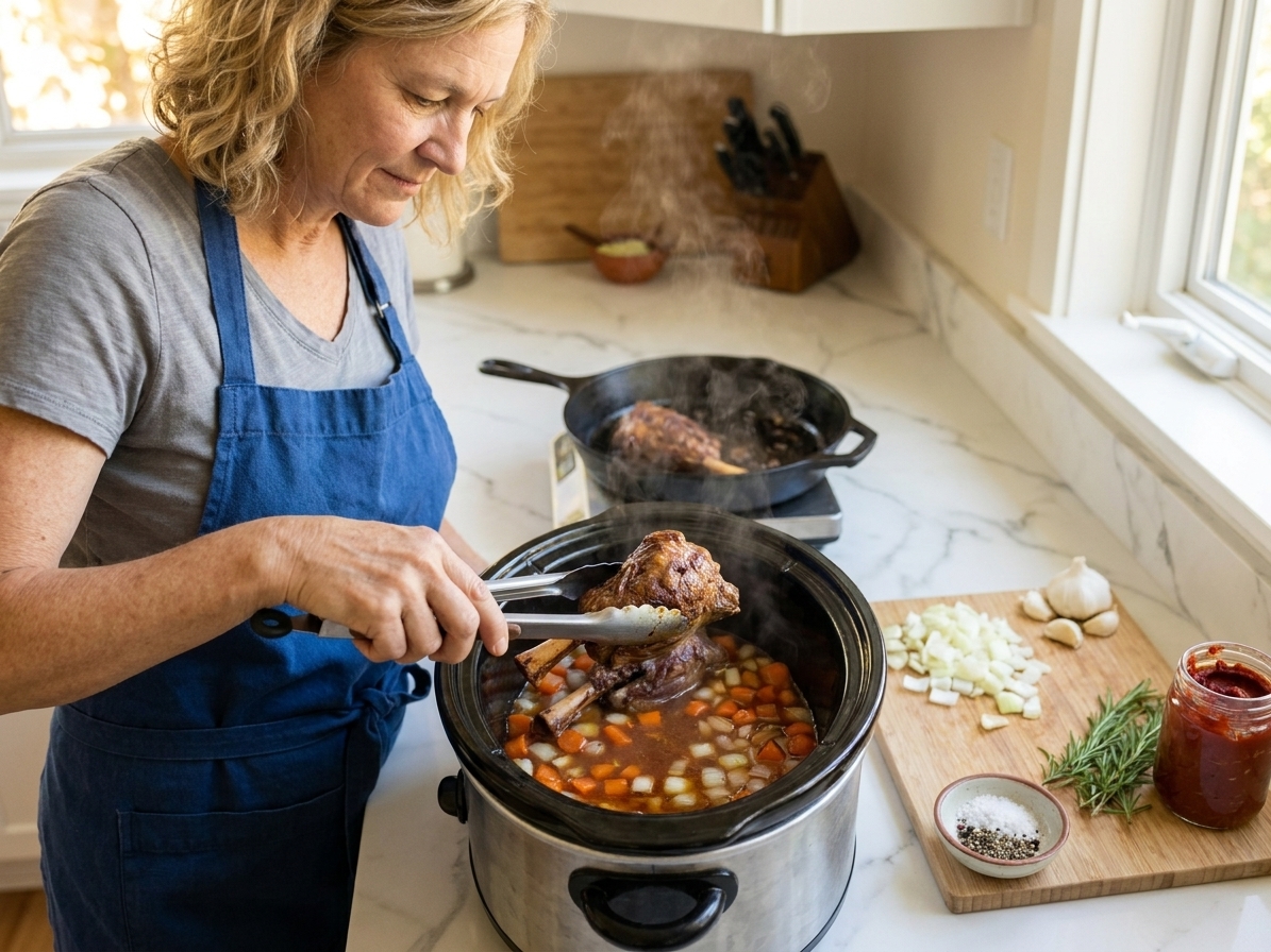 A home cook placing a browned lamb shank into a slow cooker on a kitchen counter with chopped vegetables nearby
