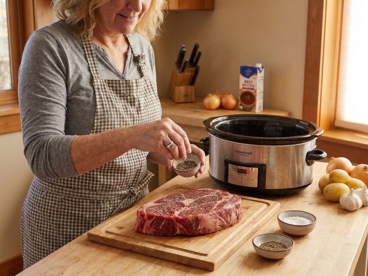 A home cook's hands seasoning a chuck roast with salt and pepper beside a slow cooker on a kitchen counter