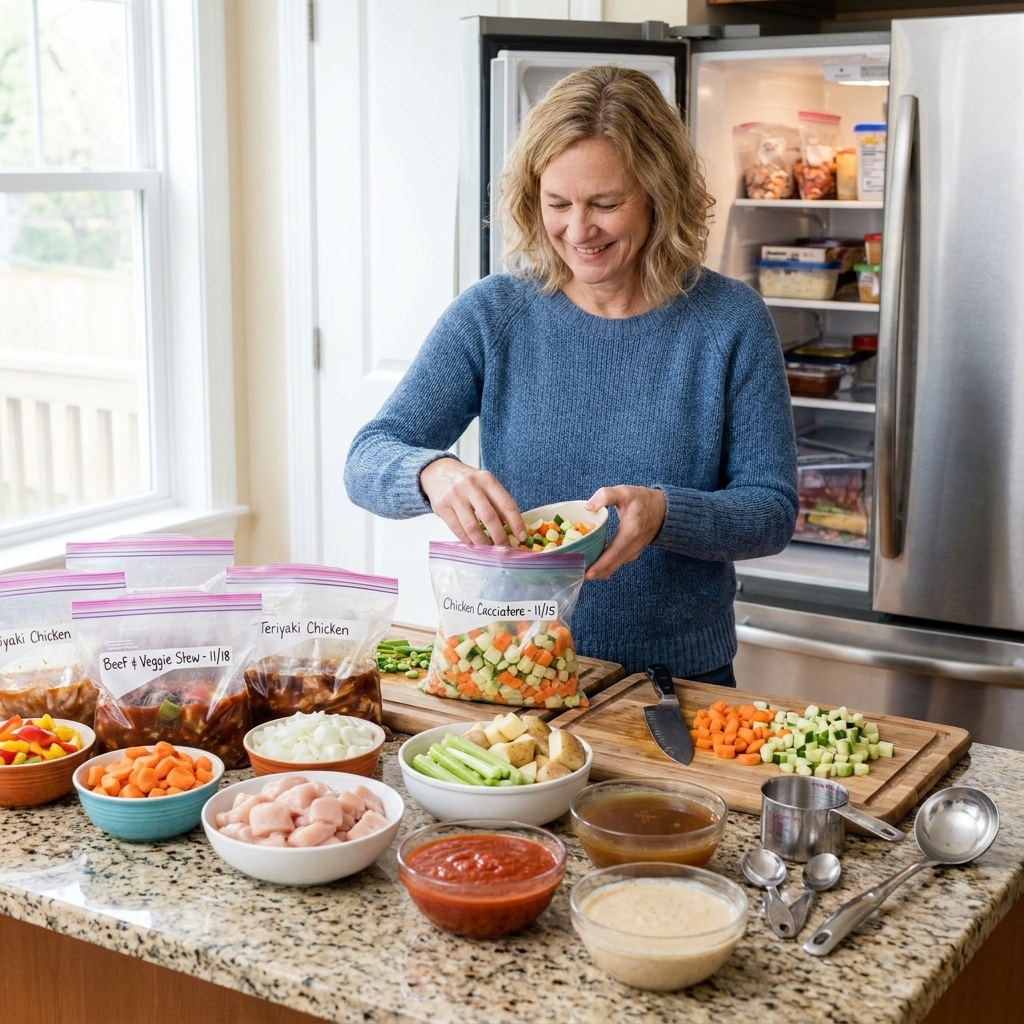 A kitchen counter set up assembly-line style with open labeled freezer bags, bowls of sauce, chopped vegetables, and raw chicken ready for slow cooker meal prep
