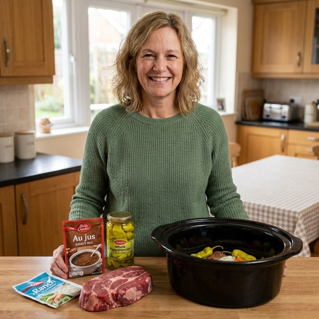 A kitchen counter with a chuck roast, ranch seasoning, au jus gravy mix, a jar of pepperoncini, and a slow cooker insert ready for a dump-and-go roast