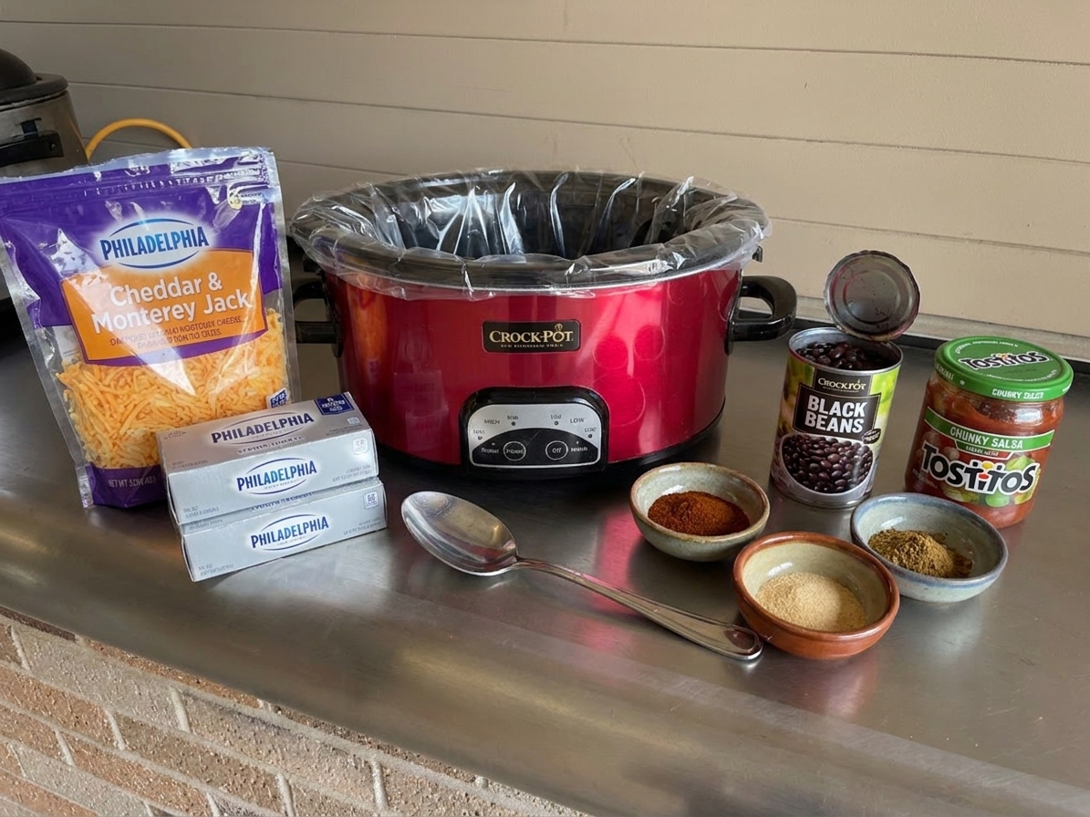 A kitchen counter with a slow cooker, blocks of cream cheese, shredded cheese, canned beans, salsa, and seasoning bowls laid out for making game day dips