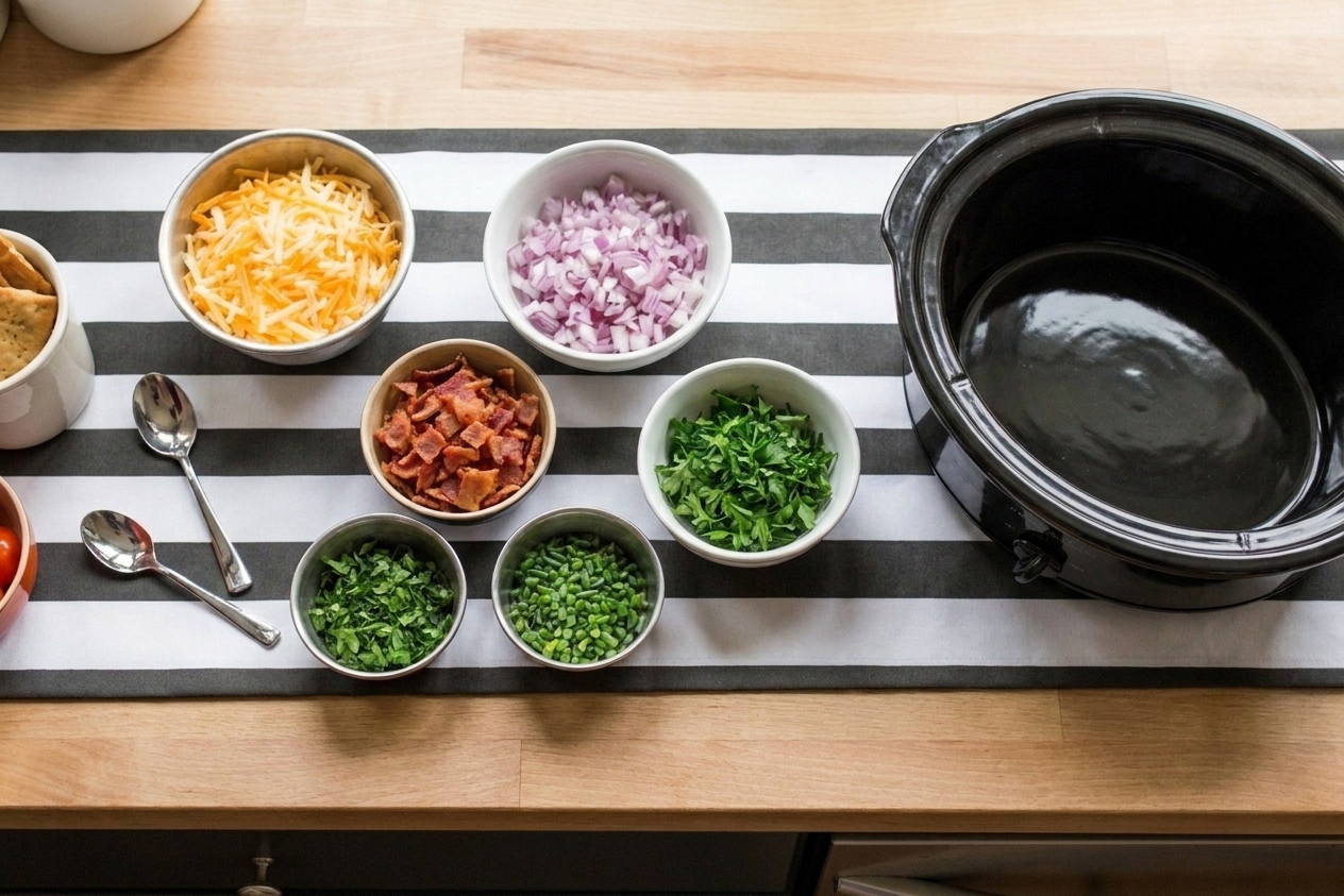 A kitchen counter with prepped appetizer ingredients in containers, serving spoons, and a slow cooker insert ready to refrigerate