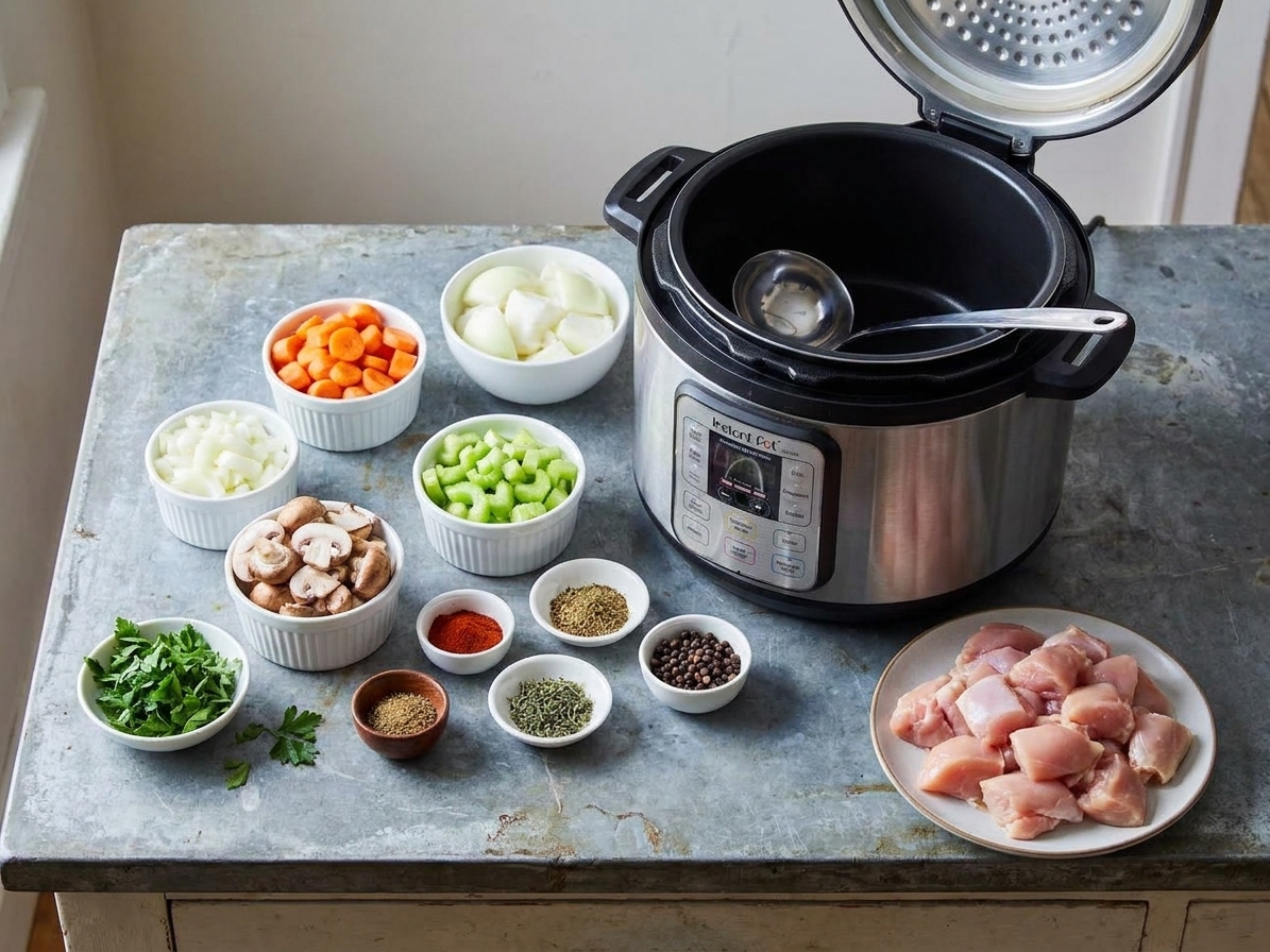 A kitchen counter with small bowls of spices, chopped vegetables, and raw chicken laid out next to a programmable slow cooker