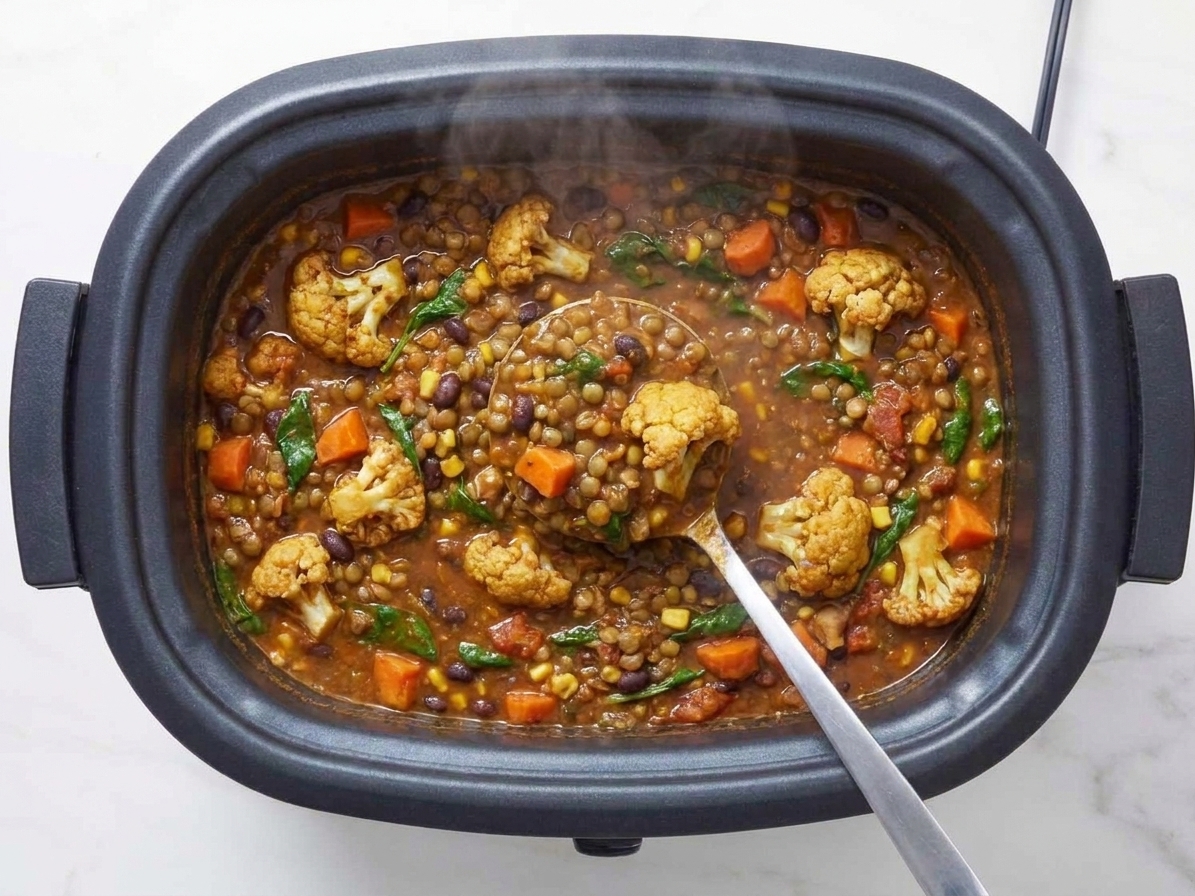 A ladle lifting thick vegetable lentil curry from a slow cooker, with cauliflower and carrots visible