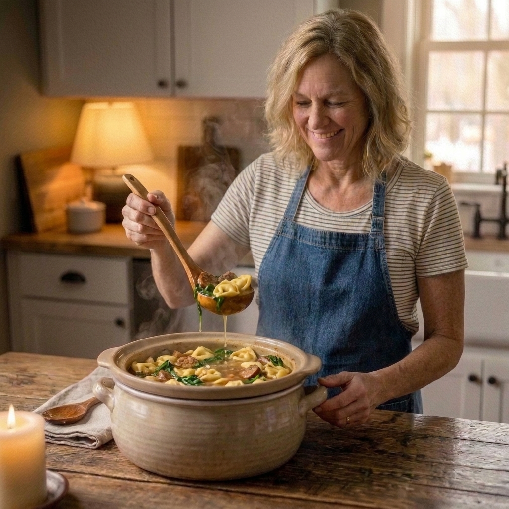 A ladle lifting tortellini soup from a slow cooker with sausage pieces and wilted spinach
