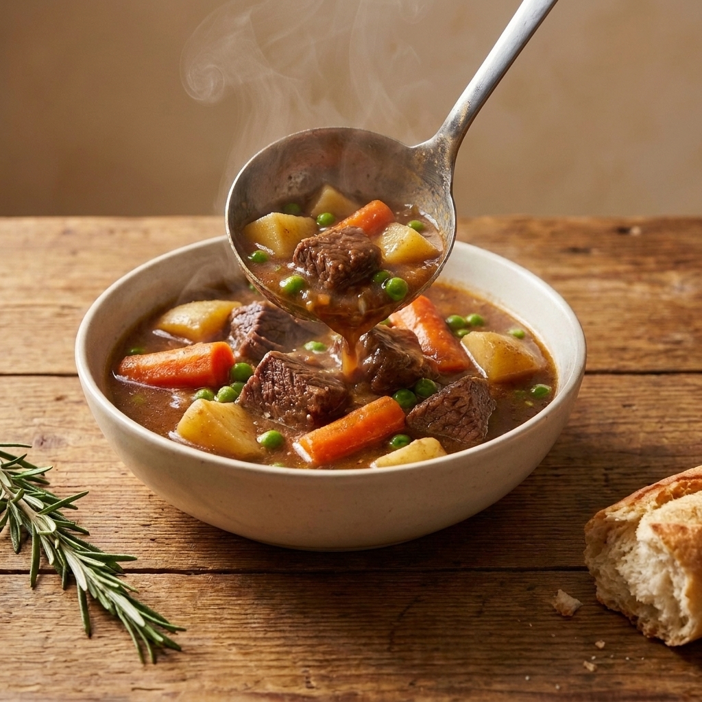 A ladle pouring thick beef stew into a ceramic bowl with visible chunks of beef, potatoes, and carrots, steam rising
