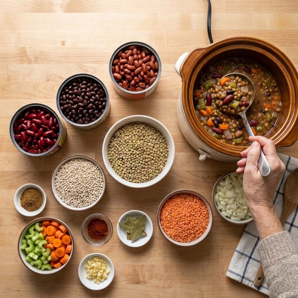 A ladle scooping thick vegetarian stew from a slow cooker on a kitchen counter