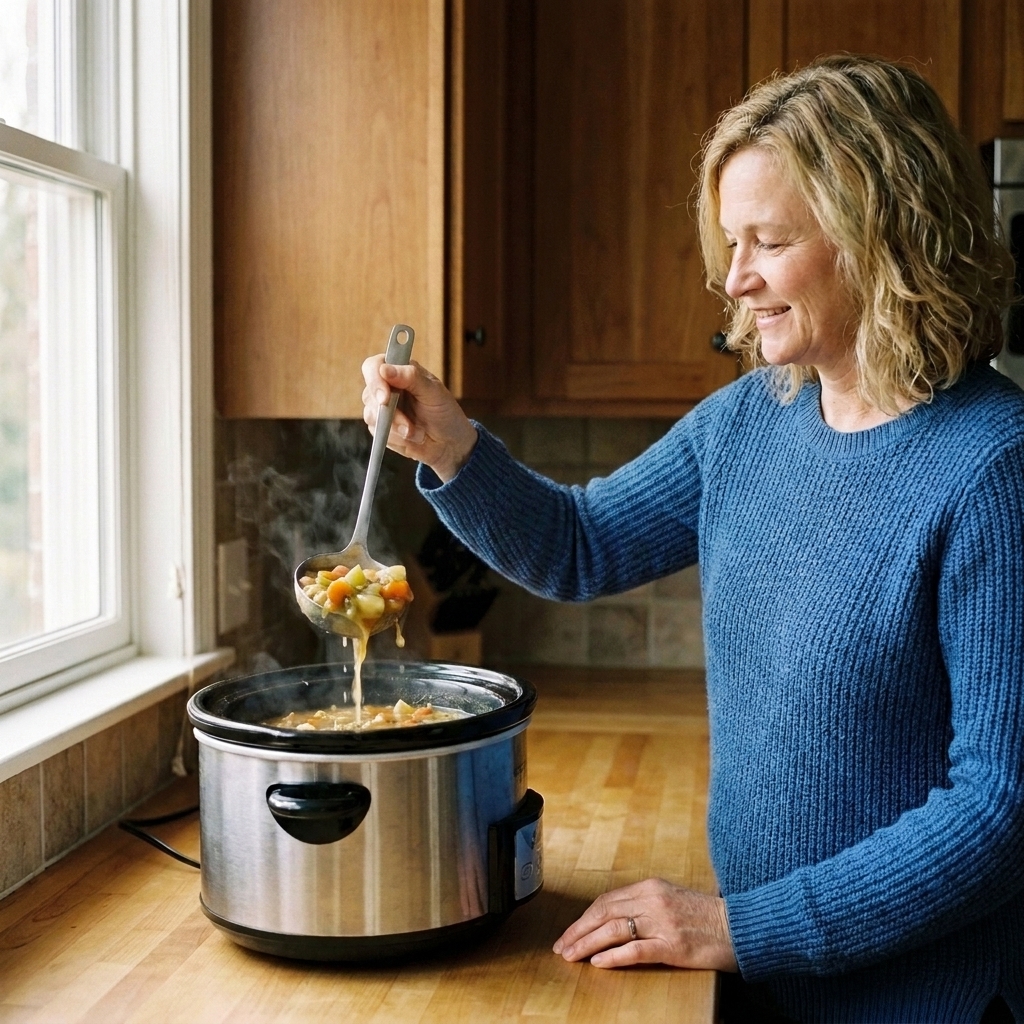 A ladle scooping thickened soup from a slow cooker, showing a richer texture with visible vegetables