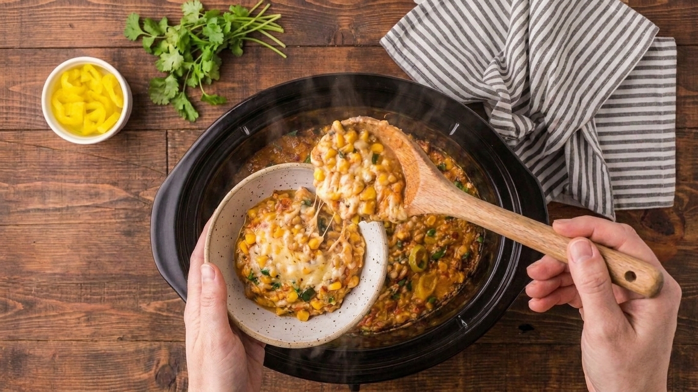 A ladle scooping warm plant-based dip from a slow cooker into a small bowl