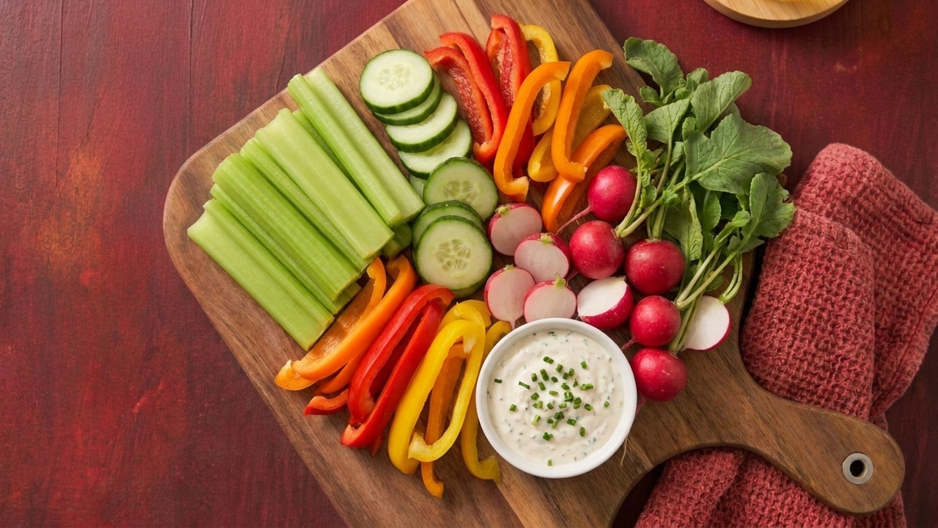 A large platter of keto-friendly dippers including celery sticks, cucumber rounds, bell pepper strips, and radishes arranged neatly on a wooden board