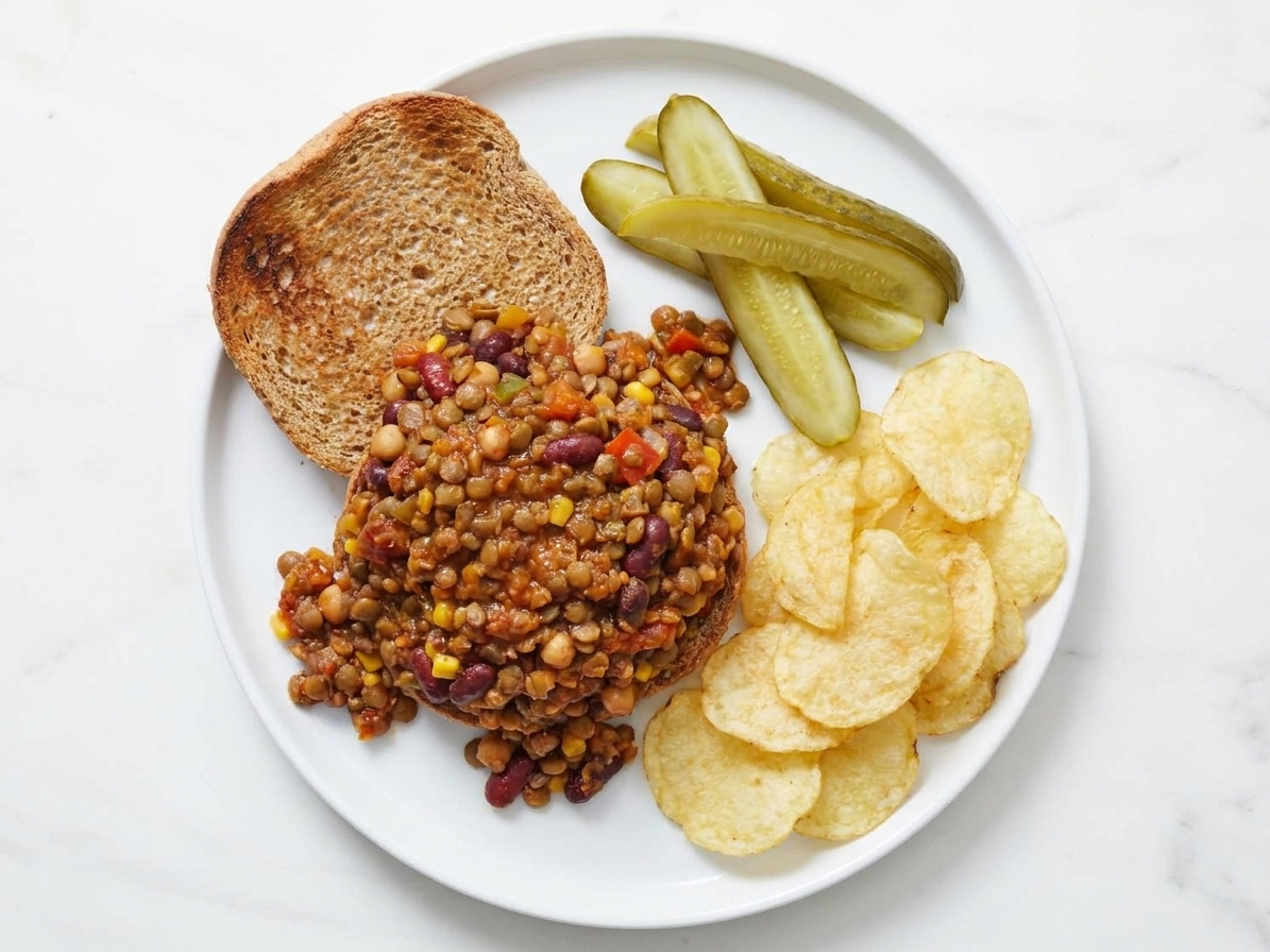 A lentil sloppy joe sandwich on a plate with pickles and a side of chips