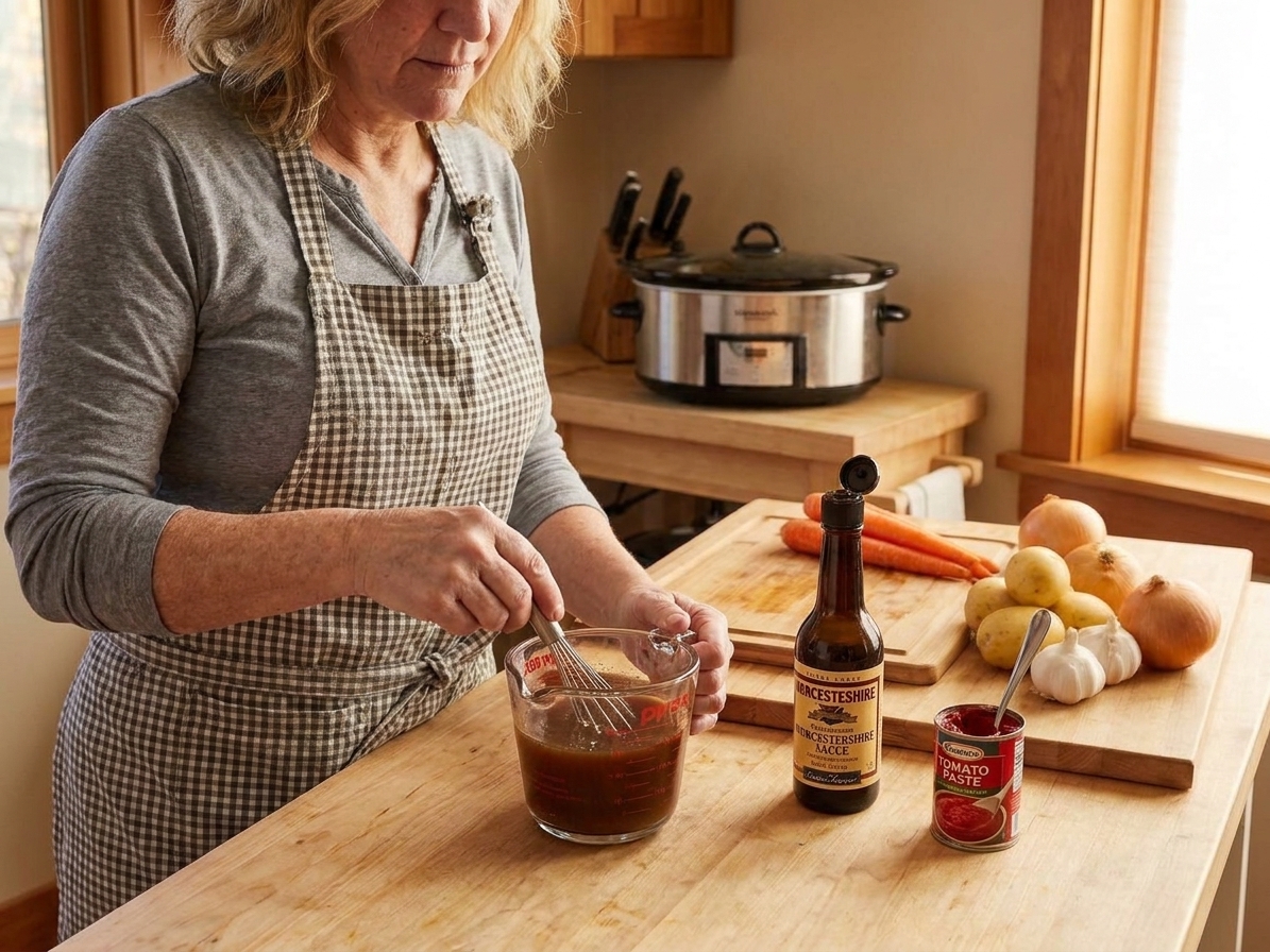 A measuring cup of beef broth being stirred with Worcestershire sauce and tomato paste on a kitchen counter