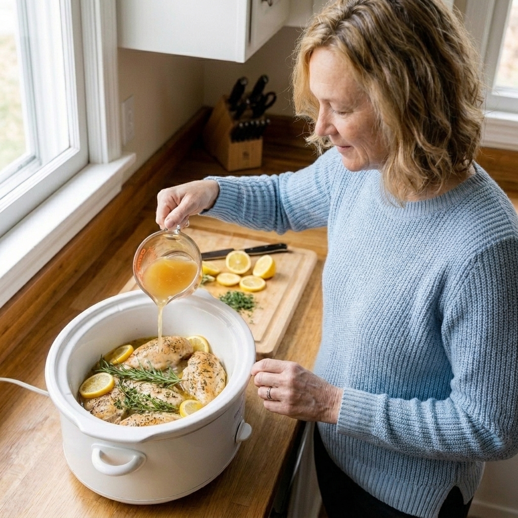 A measuring cup pouring a small amount of chicken broth into a slow cooker crock