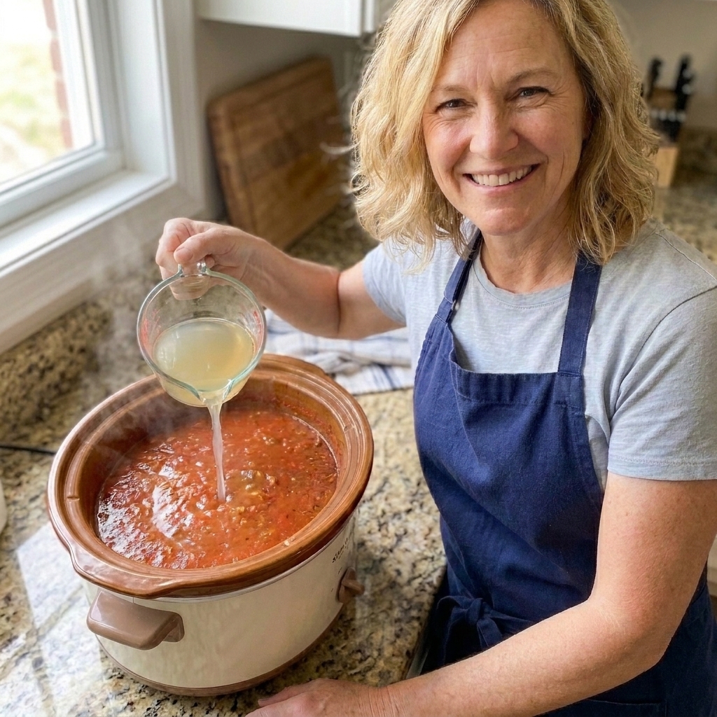 A measuring cup pouring broth into a slow cooker with sauce inside