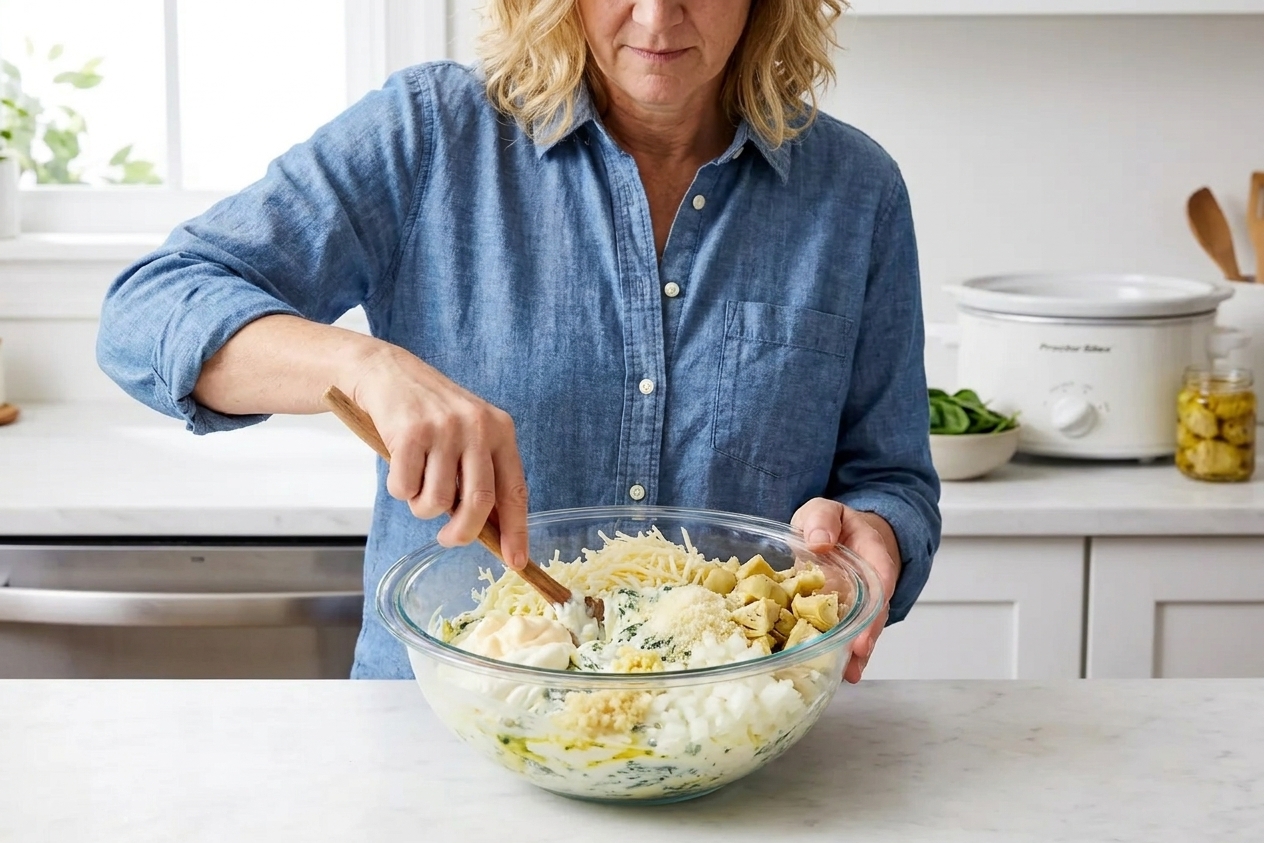 A mixing bowl with cream cheese, sour cream, mayonnaise, shredded mozzarella, Parmesan, garlic, onion, and chopped artichokes being stirred together