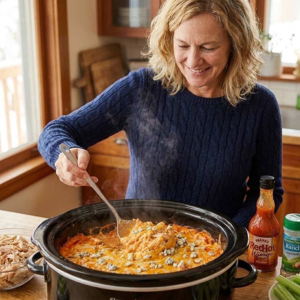 A mom's hands stirring creamy buffalo chicken dip in a slow cooker on a kitchen counter