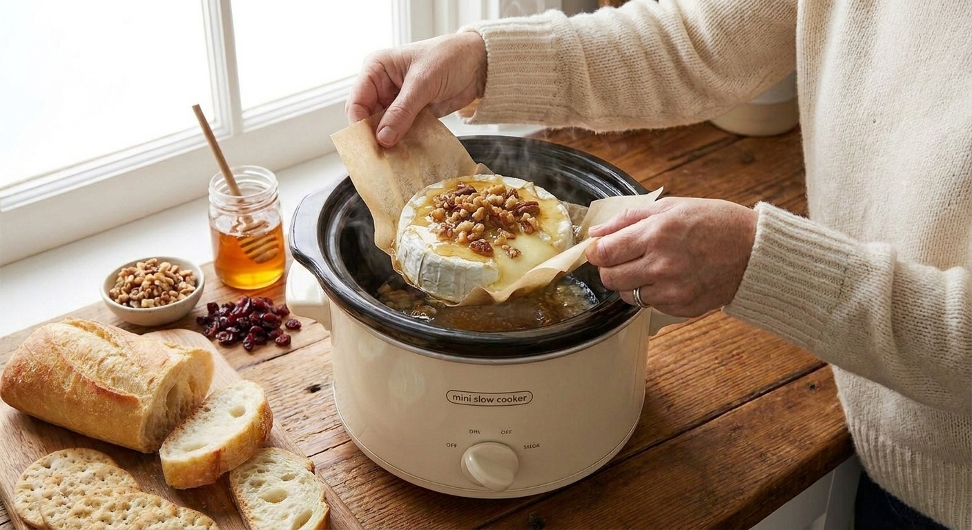 A pair of hands lifting a softened wheel of brie out of a mini slow cooker using a parchment paper sling